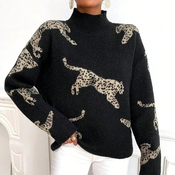 Black Casual Women's Leopard Pattern High Neck Drop Shoulder Sweater - Picture 4 of 6